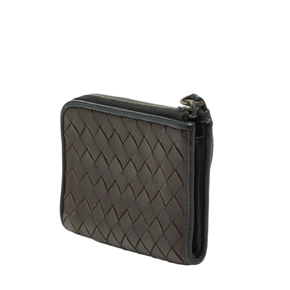 Bottega Veneta brown zipper Intrecciato L shaped coin leather Wallet case Brown